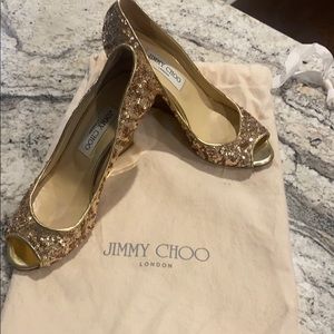 Jimmy Choo Peep Toe Wedges. Gold sequin. Size 6